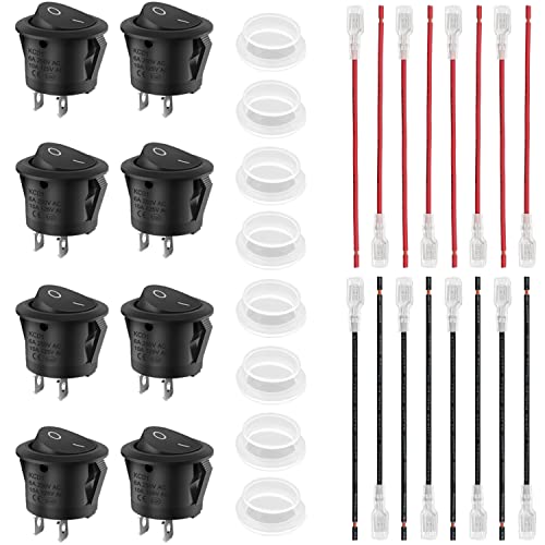 8Pcs Interrupteur à Bascule ON Off KCD1 Mini Interrupteur à Bascule Rond SPST 2Pin avec Fils et Capuchon étanche, 10A 125V AC;6A 250V AC;20A 12V DC(Noir) Cover