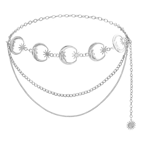 Women's Metal Moon Sun Chain Belt Multilayer Gold Silver Waist Belts for Dress Jeans