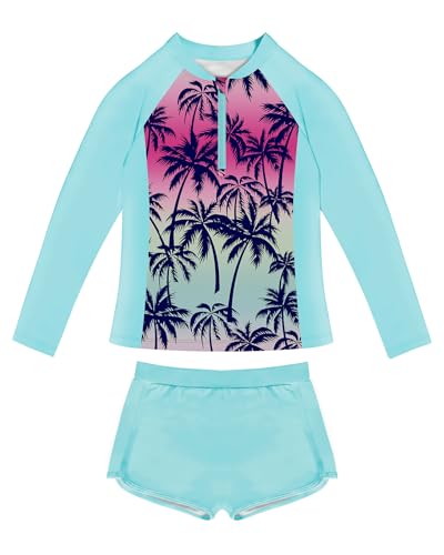 Girls 2 Pieces Rash Guard Swimsuit 1/4 Zip Long Sleeve Bathing Suit Set Kids Swimwear with Sports Shorts