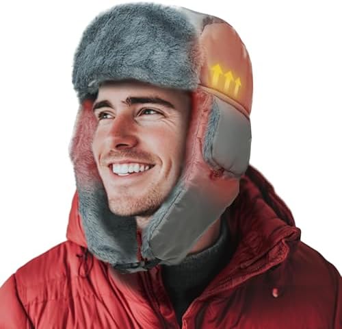 Heated Trapper Hat Warm Winter Hats with 7.4V Rechargeable Battery, Faux Fur Hunting Outdoor Hat for Men Women