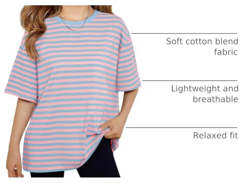 Image of Haloumoning Girls Striped Short Sleeve T Shirts Kids Summer Oversized Tops Casual Crewneck Tees 5-14 Years