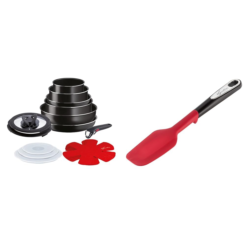 Lagostina Ingenio Essential Plus Batteria di Pentole, Alluminio per Gas e Forno, 17 Pezzi & Ingenio Smart Spatola con Inserto antiscivolo, Plastica e silicone, Nero e Rosso