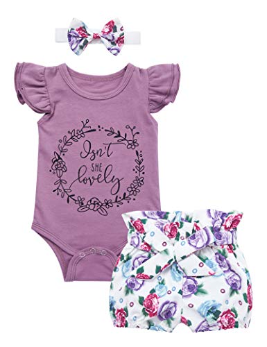 Newborn Baby Girl Clothes Letter Print Ruffled Romper + Floral Shorts + Headband 3Pcs Outifit Set 12-18 Months Purple