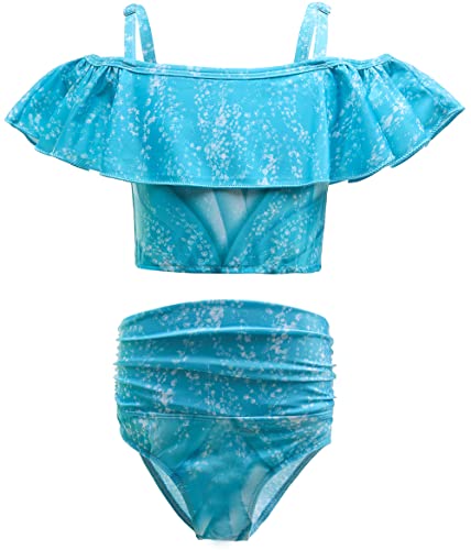 DNFUN Mädchen Bikini Set Badeanzug Tankini mit Hoher Taille Hosenbund für Kinder Badeanzug mit Zweiteiler Rüschen Schwimmkleidung,Farbe Leuchtend Strand Sommer Badebekleidung/Bademode,blau,110 Cover