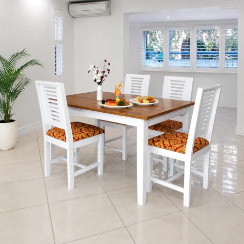 Image of Wooden 4 Seater Dining Table Set for Home & Kitchen | White & Walnut Finish Dining Set with 4 Cushioned Chairs | Table Size 45 x 30 x 29 Inches | Chair Size 17.5 x 17.5 x 38 Inches
