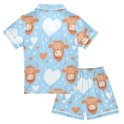 Cute Highland Cow Summer Satin Pajama Set, Cute Button-Down Sleepwear Pj Set for Sleep Wears2