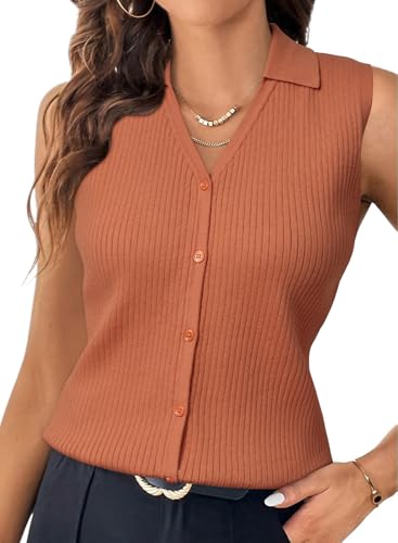 Arach&Cloz Women's Cotton Non See Through Sleeveless Button Down Collared Shirt Spring Summer Office Dressy Luxury Ribbed Knit Tank Top Professional Outfits Business Casual Work Clothe 2026 Orange XL