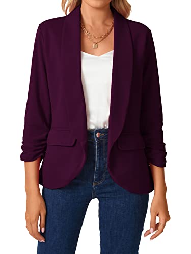 Mintlimit Womens Blazer 3/4 Ruched Sleeve Shawl Collar Business Work Blazers Open Front Casual Jackets With Pockets Purple #TOP2