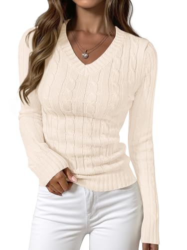 PRETTYGARDEN Pullover mit V-Ausschnitt für Damen 2025, langärmelig, Zopfmuster, geripptes Strick-Top, Business, Freizeit, Herbst-Outfits, Beige, Klein PRETTYGARDEN Pullover mit V-Ausschnitt für Damen 2025, langärmelig, Zopfmuster, geripptes Strick-Top, Business, Freizeit, Herbst-Outfits, Beige, Klein
