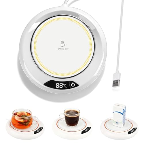 Coffee Mug Warmer for Desk Cup Warmer Smart Temperature Settings with 3 Levels(55C 65C 75C) Portable Heated Mug & LED Display Electric Beverage Tea Water Milk Warmers for Office Home(White)