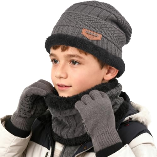 Image of Kids Winter Hat Scarf&Touchscreen Gloves Set,Knitted Beanie with Fleece Lining, Neck Warmer for Boys Girls 4-15 Years