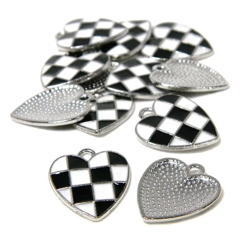 12 Black & White Checkered Racing Flag Heart Shaped Silver & Enamel Race Finish Silver Metal Charms