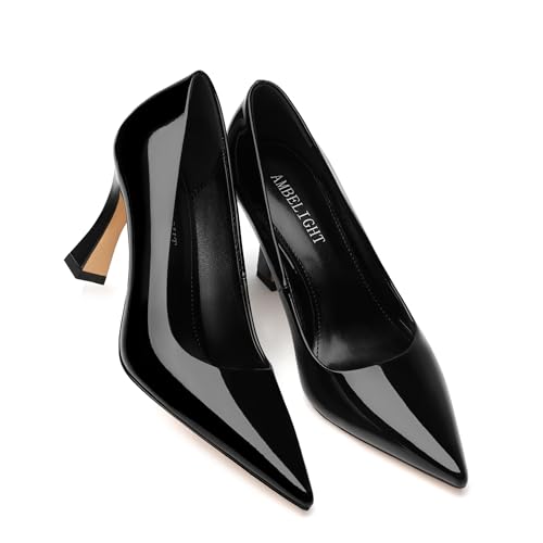 AMBELIGHT Women's Pumps Closed Pointed Toe High Heels Classic Slip On Pumps Sexy Patent Leather Stiletto Heels 3 Inch Wedding Bride Formal Dress Heel Shoes for Women2
