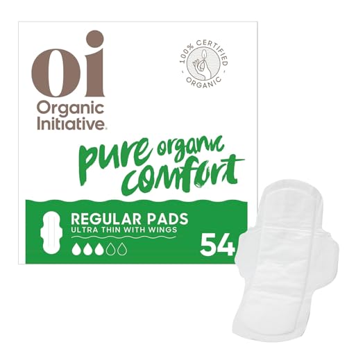 Image of Oi | Organic Initiative - Ultra-Thin Pads with Wings | 100% Certified Organic Cotton, Unscented | Leak Free, Biodegradable | Non-GMO, Toxin Free (Regular, 54, Count)