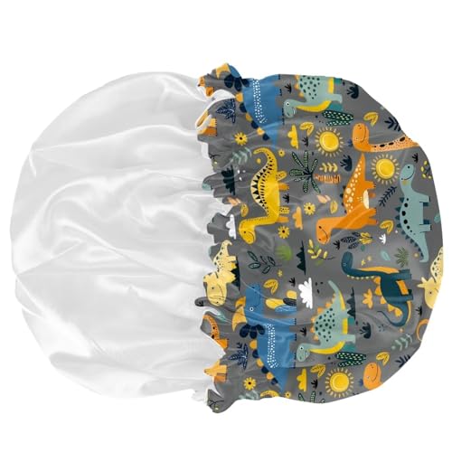 Image of Kids Satin Bonnet Dinosaur Sun Print Sleep Cap for Curly Natural Hair Double Layer Home School Travel Headgear Hair Cap Sleeping Hat Beanie for Boys Girls Toddler Children Baby