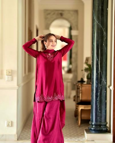 Image of Women's Natural Crepe Silk Kurta Set with Farshi Pant and Dupatta | Embroidery Sequence Work Fully Stitched Ethnic Suit