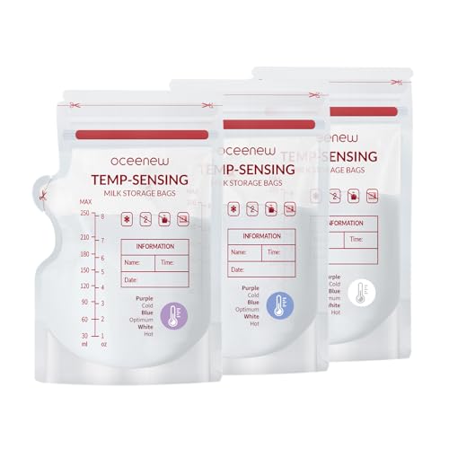 Image of Oceenew Breastmilk Storing Bags,Disposable Self Standing No-Leak Milk Storage Pouches,Temp-Sensing Discoloration Freezer Milk Storing Bags for Breastfeeding(8 Ounce 240pcs,BPA Free)