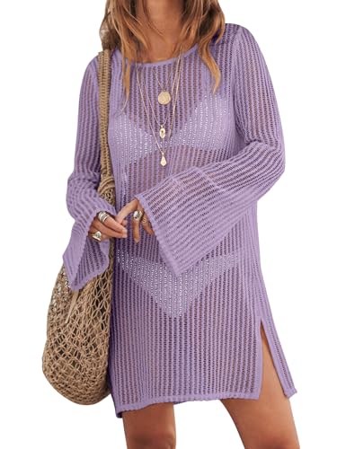 ANRABESS Women Swimsuit Swim Coverup 2025 Long Sleeve Mini Crochet Pool Bathing Suit Swimwear Mesh Knit Beach Vacation Dress Purple Medium