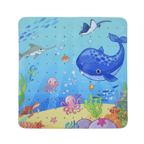 OTraki Tappetino Vasca Antiscivolo, 53x53cm Tappetino da bagno del mondo degli animali marini, tappeto doccia antiscivolo dei cartoni animati con fori di scarico e ventose, lavabile in lavatrice, Blu
