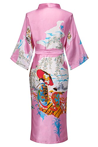 Women's Silky Kimono Robes Long Satin Bathrobes Sleepwear Loungewear Pink