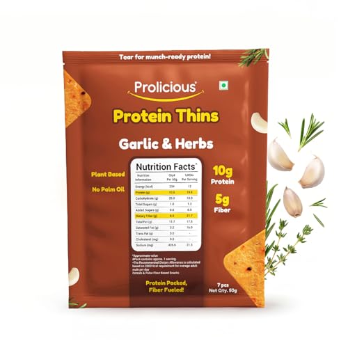 Image of Prolicious Thins Garlic & Herbs High Protein Chips | Upgrade Your Snacking | 10g Protein + 5g Fibre | Same Crunch, Snack Smarter | Plant Based | No Palm Oil | 50g