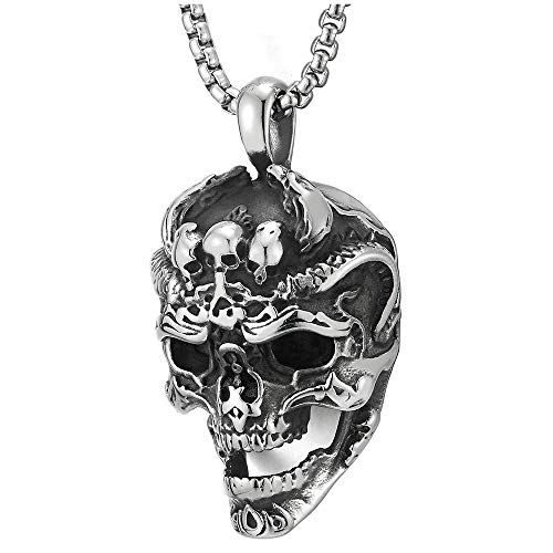 COOLSTEELANDBEYOND Mens Stainless Steel Large Vintage Skull Pendant Necklace with 30 inches Wheat Chain, Gothic Biker