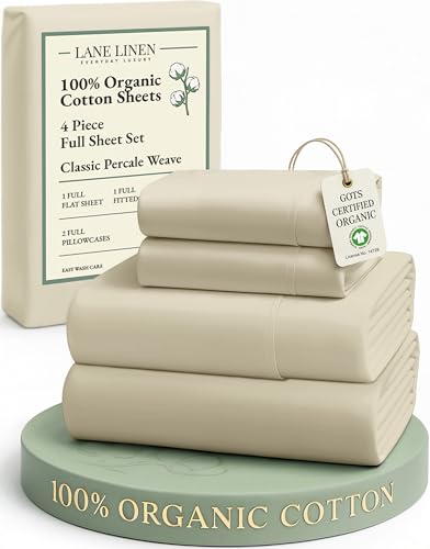 Image of LANE LINEN 100% Organic Cotton Bed Sheets Full Size, Fully Elasticized Reinforsed Seams in Fitted Pocket, Machine Washable Naturally Cooling Full Sheet Deep Pocket Bedding- Linen