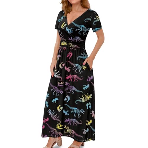 Image of Women's Fall Summer Short Sleeve Ankle Length V-Neck Party Dress with Pockets Size S-3XL