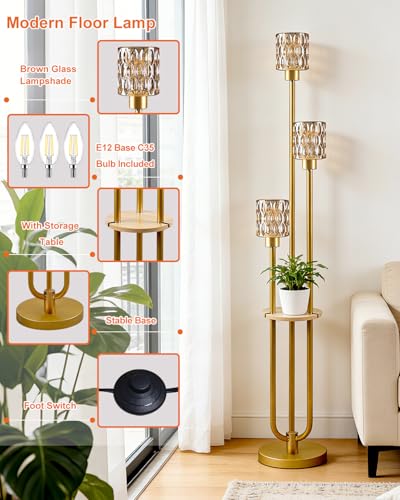 Image of 62IN Gold Floor Lamp with Amber Glass Shade 3-Lights Mid-Century Modern Farmhouse Floor Lamps with 3000K Warm White Bulbs, Tall Standing Lamp 5Lbs Heavy Base for Living Room /Bedroom /Corner