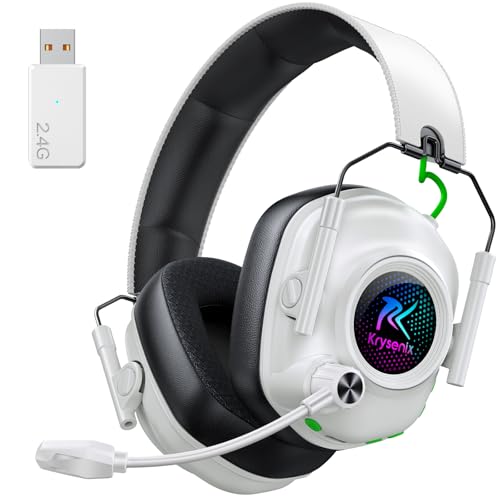 Krysenix 2,4 GHz Cascos Gaming Inalámbricos para PS5, PS4, PC, Mac, Switch, Auriculares Inalámbricos Bluetooth 5.4 con micrófono, Cancelación de Ruido, Duración 40Hr, Luz LED, Blanco Puro