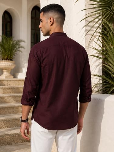Image of Majestic Man Men's Pure Cotton Solid Mandarin Collar Slim Fit Roll-Up Sleeves Short Kurta Lightweight Summer Kurta for Daily & Occasion Use