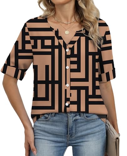 Image of OFEEFAN Button Down Shirts for Women 3 /4 Length Sleeve Tops V Neck Blouses Business Casual Outfits Loose Fit