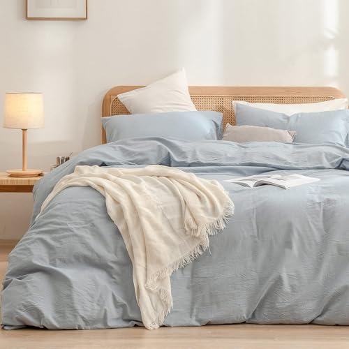 Image of BESTOUCH Cotton Solid Duvet Cover Set Cornflower Blue Alaska King | 100% Washed Cotton, Soft Wrinkle Texture, Hidden Zipper, 8 Ties, Breathable Lightweight Durable Comfy, 3 Pcs No Insert