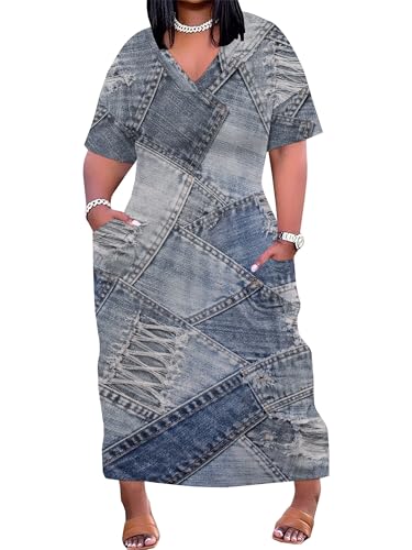 Image of SUZONANA Plus Size Dresses for Women Casual Denim Print V Neck Short Sleeve Maxi Dress Trendy Jean Ripped Streetwear Long Curvy Fashion Party Sundress