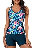 Dokotoo Women's Tankini Swimsuits 2025 Two Piece Bathing Suits Modest Tummy Control Drawstring Floral Swim Tank Top with Boyshorts Sky Blue Large