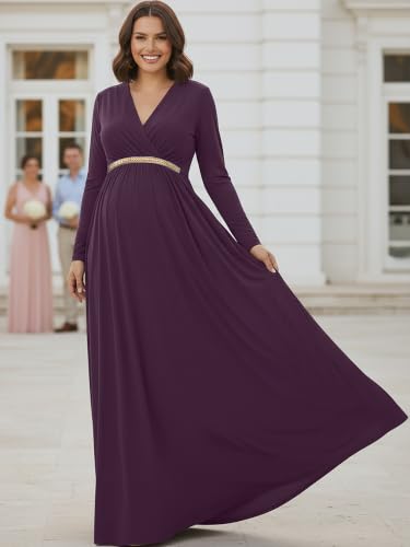 Image of KOH KOH Womens Maternity Long Sleeve V-Neck Flowy Winter Maxi Dress Gown