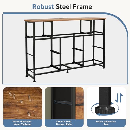 Image of DUMOS TV Stand Dresser with 8 Fabric Drawers and Open Shelves, LED Entertainment Center with Charging Station, Wood Top Media Console for 45-55 inch, Bedroom, Rustic Brown