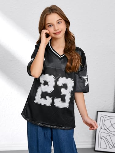 WDIRARA Girl's Number Graphic Jersey Shirts Short Sleeve V Neck Tees Oversized T-Shirt Tops3
