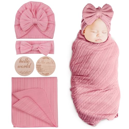 Image of DRESHOW BQUBO Baby Swaddle Blankets for Girls, 4PCS Newborn Accessories Set with Hat and Bow Headband with Hello World Wooden Birth Announcement Card, Baby Blankets for Girls