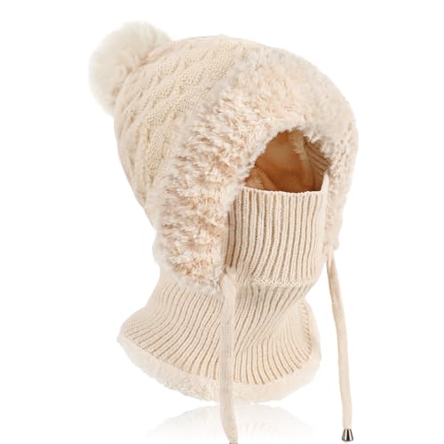AYPOW Winter Mütze Damen mit Schal Gesichtsmaske, Thermo Strickmütze Balaclava mit Warme Fleecefutter Pompon, Weiches Dicke Beanie WintermüTZE Kapuzenschal Skimütze Hut für Outdoor