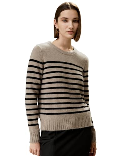 LilySilk 100% Cashmere Sweater for Women Basic Skinny Striped Round Collar Pullover for Fall Winter