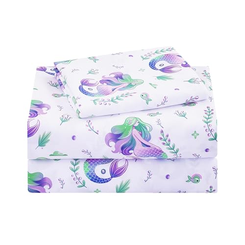lasoftan Kids Sheet Set Twin Size Twin Sheet Set with Mermaid PatternBreathable Silky Soft Microfiber Kids Fitted Sheet