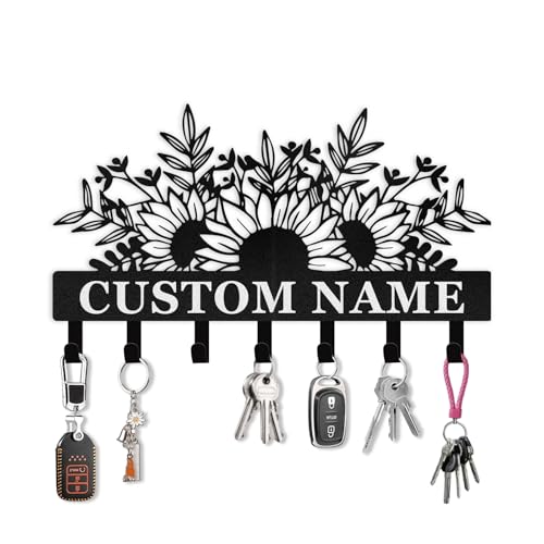 TNYKER Personalized Sunflower Key Holder on Wall, Custom Name Key Hanger Wall Mount, Metal Key Holder Hooks Organizer Rack, Farmhouse Key Hanger for Wall Art Decor Entryway Garden