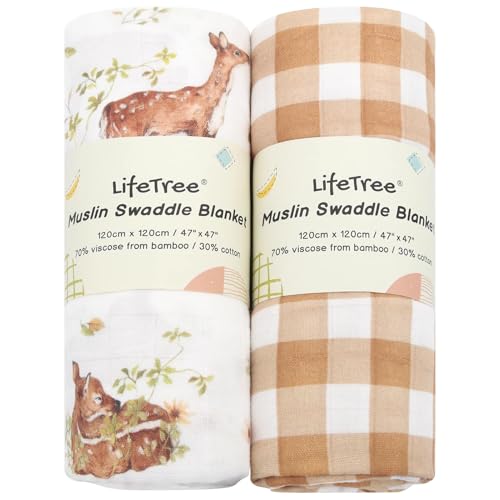 Image of LifeTree Baby Swaddle Blankets, Boys Girls Muslin Swaddling Wrap Receiving Blanket for Newborn, 70% Viscose from Bamboo and 30% Cotton, Large 47 inch x 47 inch, Deer and Checkered