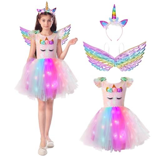 ZUCOS Disfraz de unicornio para niña con luces tutú, vestido de princesa, para cumpleaños, Halloween, carnaval (4-6 años, blanco B)