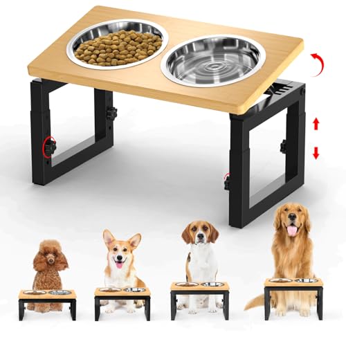 Raised Dog Bowls with Stand, Elevated Dog Bowls with 2 Stainless Steel Dog Food Water Bowl, 4 Heights Adjustable Dog Bowl Stand for Medium Large Dogs and Pets