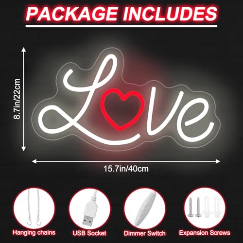 Image of Valentines Day Love Neon Sign, Dimmable LED Valentines' Day Neon Light for Wall, Wedding Anniversary Birthday Gift for Bedroom Party Decor, 15.7 inchx8.7 inch