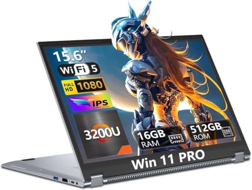 DUNHOO 15.6 Inch 2 in 1 Gaming Laptop, Touchscreen Laptop Computer with Ryzen 3-3200U CPU (up to 3.5GHz) 16GB RAM 512GB SSD Laptops RJ45 WIFI5 BT5.1 HDMI Backlit Keyboard Radeon Vega 3 Win 11 Pro