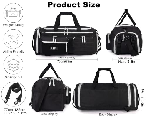 Image of LHI 50L Tactical Duffle Bag for Men, 3-in-1 Gym Duffle and Backpack, Shoe Compartment, Laptop Sleeve and MOLLE, Carry-On Travel Weekender and Overnight Bag - Black with White zippers