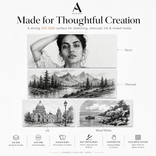 Image of ArtRight Artists' Sketching Paper (A5 Pack of 80 Sheets, 300 GSM); Handmade Cartridge Mixed Media Sheets of 300GSM for Pencil, Charcoal and Ink Media